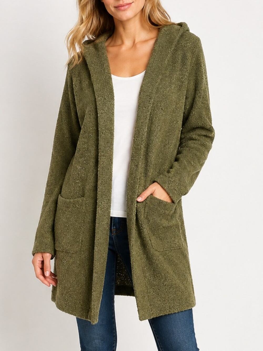 Zenana Outfitters Olive Green Hooded Open Cardigan Sweater Long Duster Small